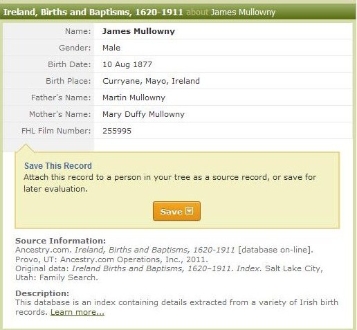 James Joseph Maloney Sr. - Birth Record.jpg - 1877 Birth Record of James J Mullowny (Maloney)